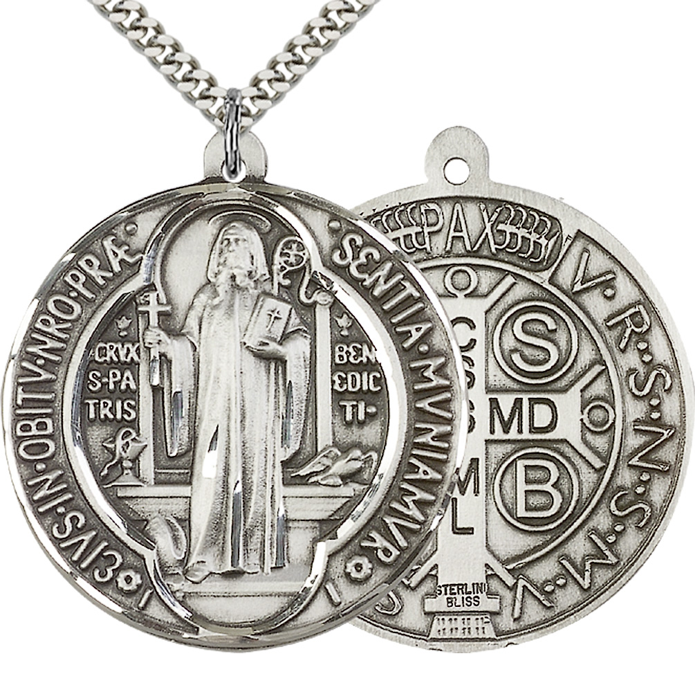 Large Sterling Silver Saint Benedict Round Medal Men Necklace 24" Chain