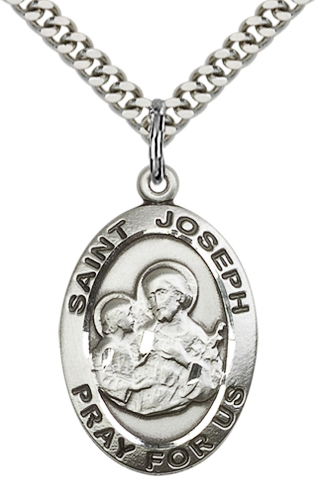 Saint Joseph Medal For Men .925 Sterling Silver Necklace On 24" Chain